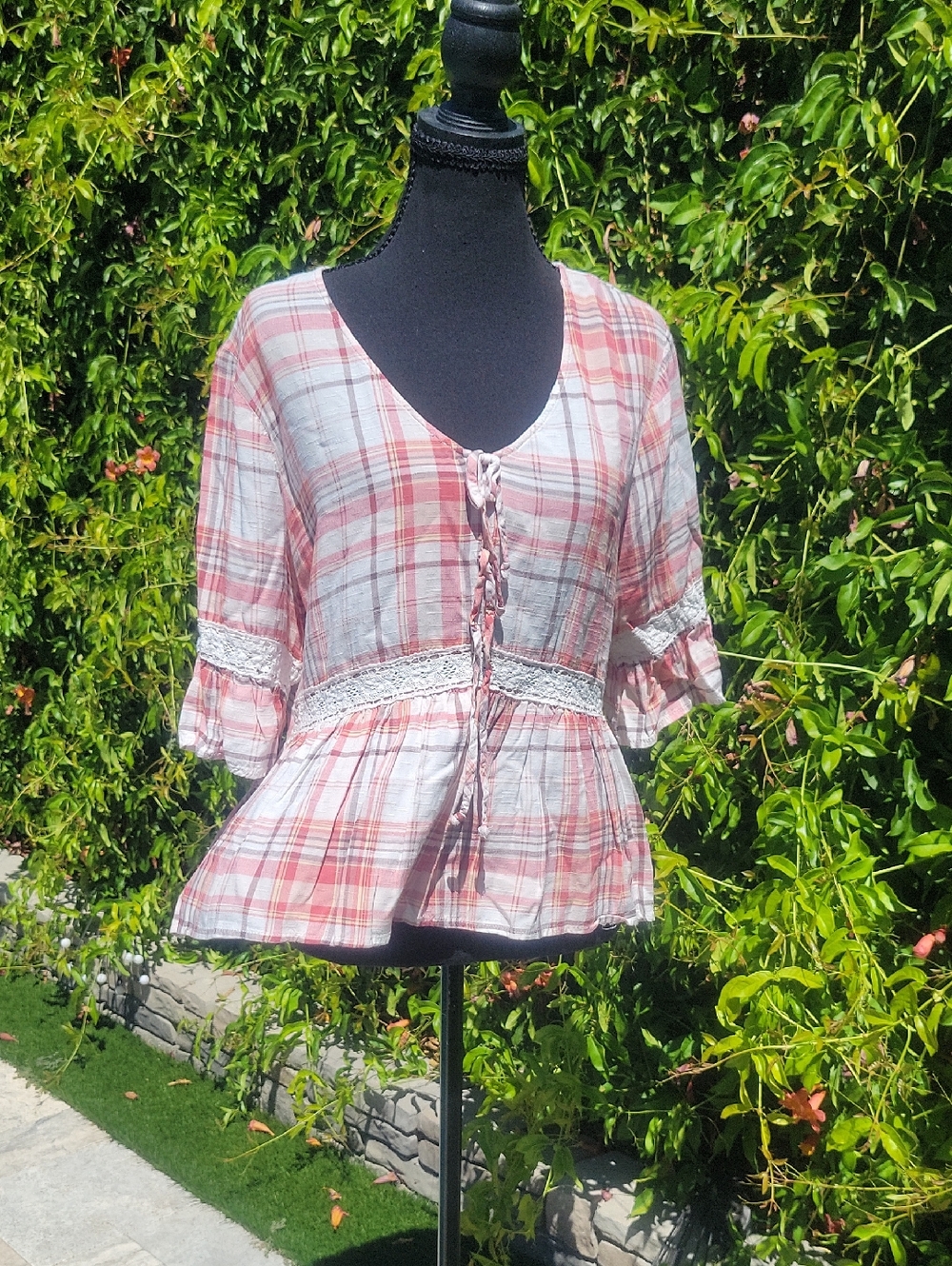 Maurices Pink Plaid Blouse with Lace Peplum Hem L